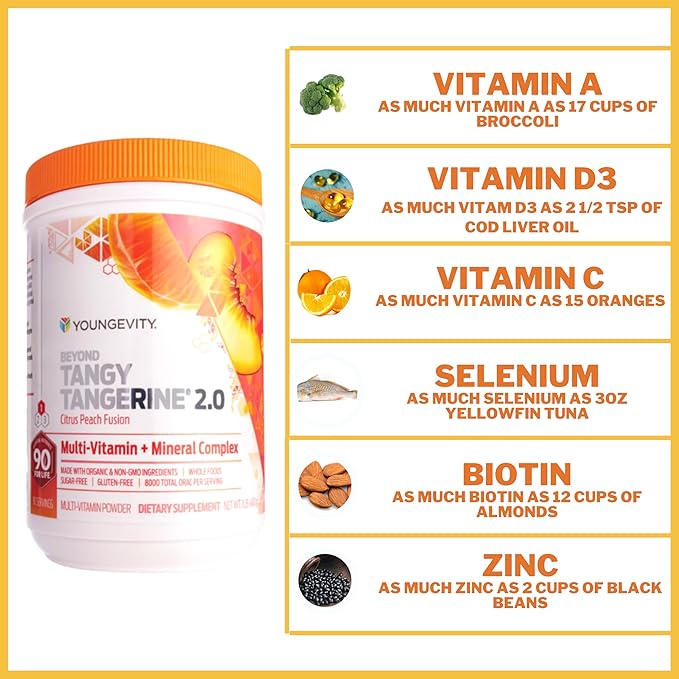 Youngevity Beyond Tangy Tangerine 2.0 Citrus Peach Ultimate Multi-Vitamin & Mineral Complex - Made with Natural & Whole Foods | 8,000 ORAC | 2 Canisters