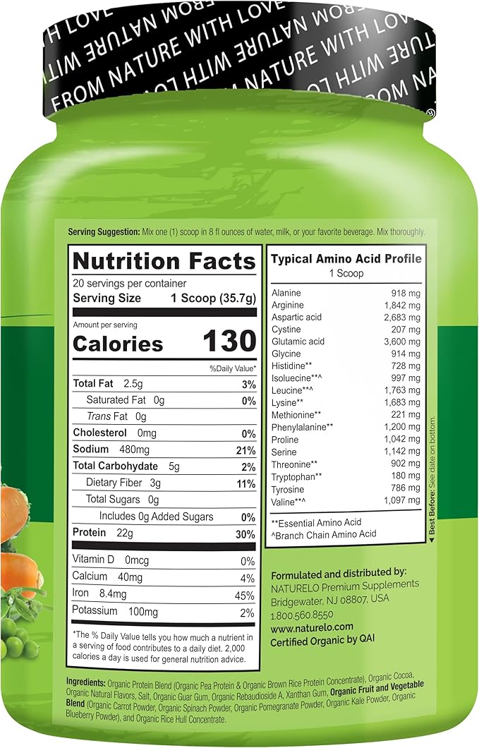 NATURELO Plant Protein Powder, Chocolate, 22g Protein 20 Servings