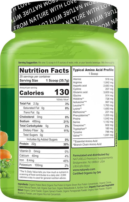 NATURELO Plant Protein Powder, Chocolate, 22g Protein 20 Servings