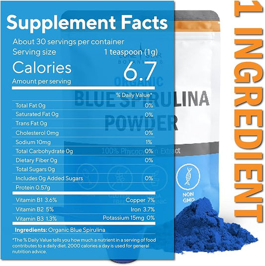 Organic Blue Spirulina Powder - 100% Pure Superfood Blue-Green Algae, No Fishy Smell, Natural Food Coloring for Smoothies & Protein Drinks - Non GMO, Gluten-Free, Vegan + USDA Certified, 60 Servings