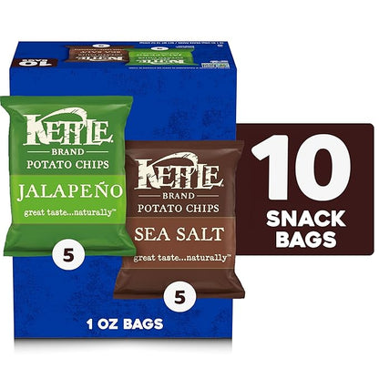 Kettle Brand Potato Chips, Variety Pack of Sea Salt and Jalapeño, 1 Oz, 10 Ct