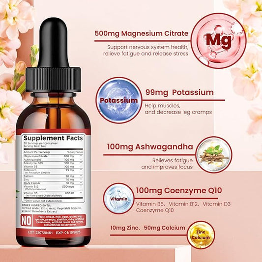 Potassium Magnesium Citrate Supplement, Liquid Magnesium 500mg with D3, B6, B6, B12, B12, CoQ10 CoQ10 - 2 fl