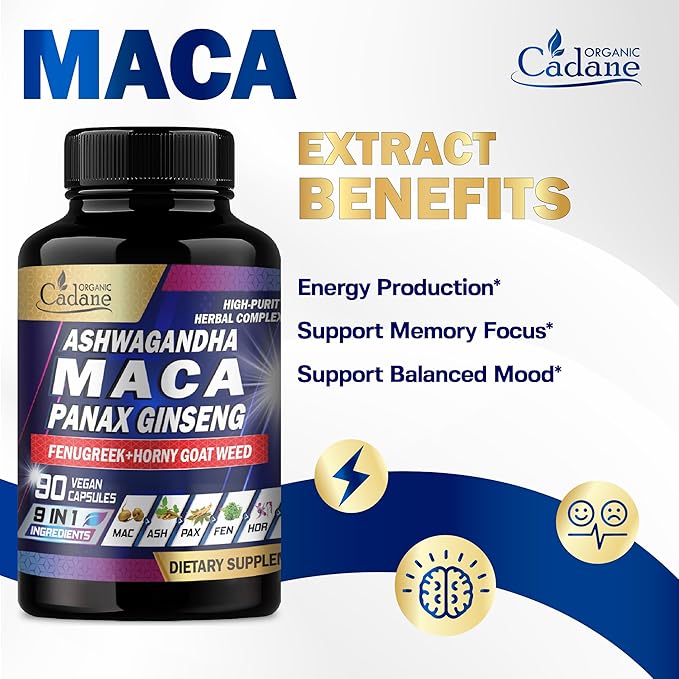 Organic Cadane Maca Root 9000mg Ashwagandha 900mg Panax 450mg Supplement 90 Capsules 3 Months