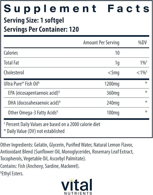 Vital Nutrients Ultra Pure® Fish Oil 700 | Supports Heart, Brain, and Joint Health* | Sustainably Sourced High EPA & DHA Omega-3 Fatty Acid | Lemon Flavor | Gluten, Dairy & Soy Free | 120 Softgels