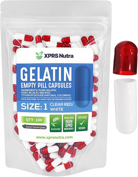 XPRS Nutra Size 1 Empty Capsules - 100 Count Empty Gelatin Capsules - Empty Pill Capsules - DIY Capsule Filling - Pure Bovine Pill Capsules Empty Gel Caps (Clear Red/White)