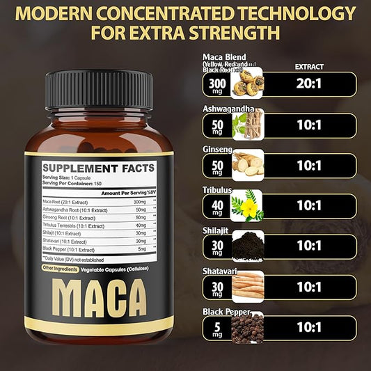7in1 Premium Maca Root Capsules - with Ashwagandha, Ginseng, Tribulus, Shilajit, Shatavari & Black Pepper - Natural Energy, Performance & Mood Support - 150 Counts for 5 Months