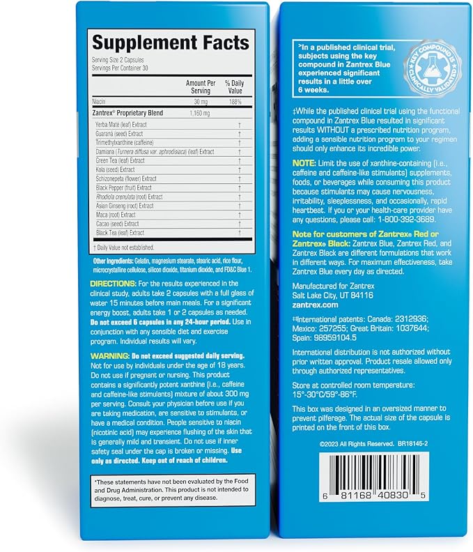 Zantrex Blue - High Energy Supplement - 300MG Natural Caffeine - Yerba Mate, Damiana, and Guarana, 60 Count