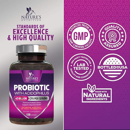 Probiotics 60 Billion CFU per Serving - 10 Strains + Prebiotics - Immune, Digestive & Gut Health Support, Supports Occasional Constipation, Gas & Bloating for Women & Men, Shelf Stable - 120 Capsules