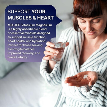 MD. Life Magnesium Potassium Supplement - 120 Capsules - High Absorption Magnesium Complex - Magnesium Supplement to Support Vascular Health & Leg Cramp 120cts