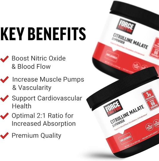 FORCE FACTOR Citrulline Malate 2:1, L Citrulline Supplement for Men to Boost Nitric Oxide, Blood Flow, Muscle Pumps, and Performance, L Citrulline Powder Pump Supplement, Unflavored, ~66 Servings