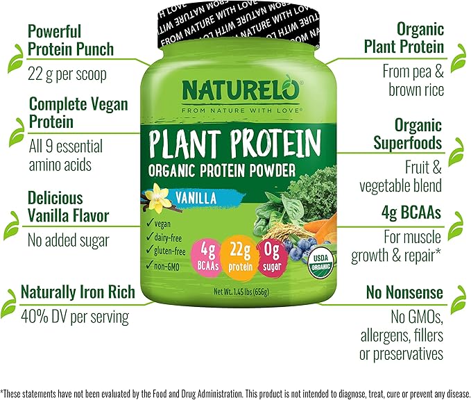 NATURELO Plant Protein Powder, Vanilla, 22g Protein 20 Servings