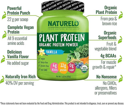 NATURELO Plant Protein Powder, Vanilla, 22g Protein 20 Servings
