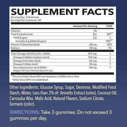 Omega 3 Gummies for Adults Boosted with Omega 6 and Omega 9 - DHA + EPA Plant-Based Fish Oil Alternative - Support Brain & Immune System Function - Orange & Lemon Flavor - 60 Omega Gummies for Adults