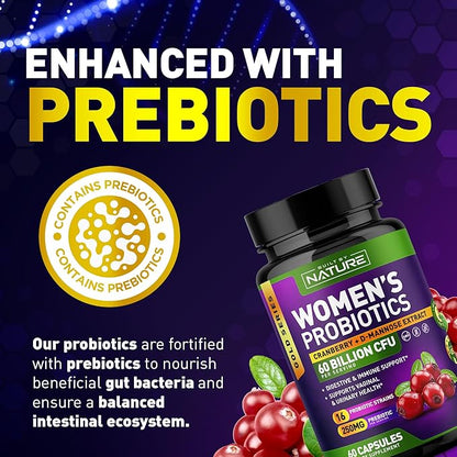 Probiotics for Women - 60 Billion CFUs, 16 Strains, with Cranberry, D-Mannose & Prebiotics - Supports Digestive, Immune, & Vaginal Health - Non-GMO, Dairy & Gluten-Free - 60 Veggie Capsules