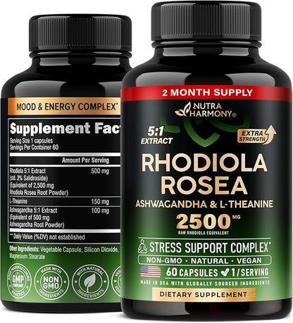 Rhodiola Rosea Supplement 2500mg 5:1 | 3% Salidroside 2 Month 60 Capsules