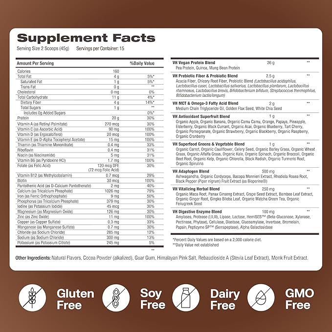 VitaHustle ONE Superfood Protein All-in-One Nutrition 20g Chocolate 86 Superfoods, 15 Servings