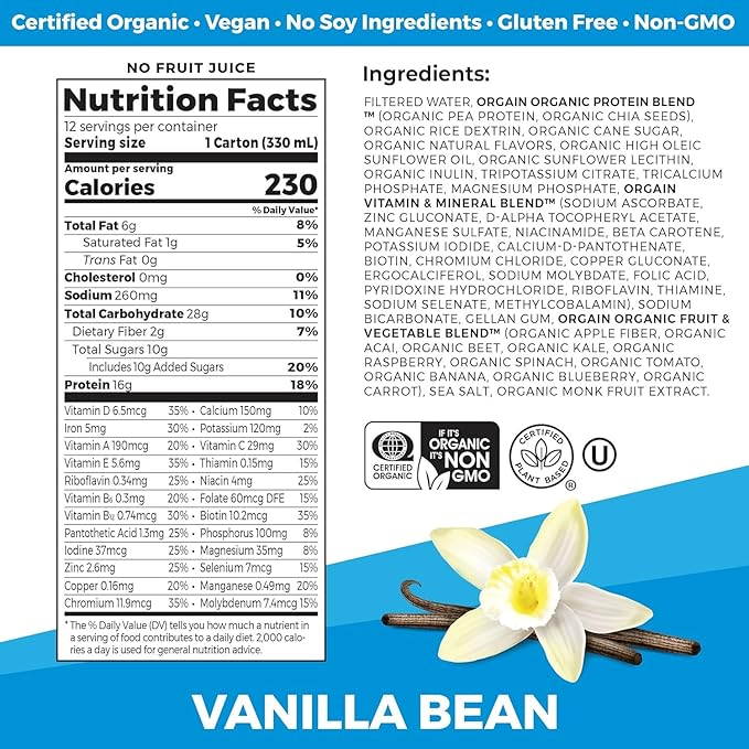 Orgain Organic Nutritional Vegan Protein Shake, Vanilla Bean - 16g Plant Based Protein, Meal Replacement, 21 Vitamins & Minerals, Fruits & Vegetables, Gluten Free, Non-GMO, 11 Fl Oz (Pack of 4)