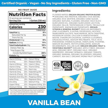 Orgain Organic Nutritional Vegan Protein Shake, Vanilla Bean - 16g Plant Based Protein, Meal Replacement, 21 Vitamins & Minerals, Fruits & Vegetables, Gluten Free, Non-GMO, 11 Fl Oz (Pack of 4)