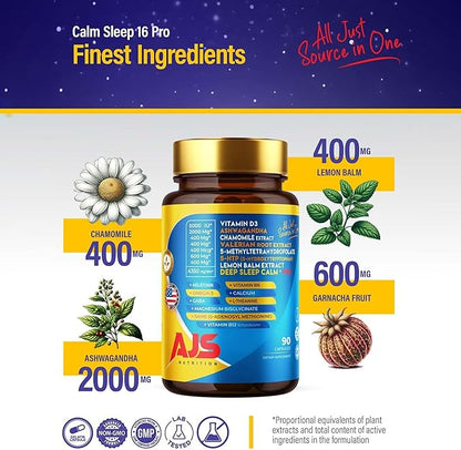 AJS Calm Mood Support B6 B12, B12, Magnesium,5-HTP, Magnesium,5-HTP, Ashwagandha, L-5-MTHF, Huperzine 90CT