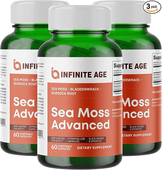 INFINITE AGE: 3 Pack, 1250mg Sea Moss Advanced Superfood, High-Potency, Vegan, Made in The USA - Irish Sea Moss, Bladderwrack, Burdock Root - Overall Health, Immunity Support, 180 Sea Moss Capsules