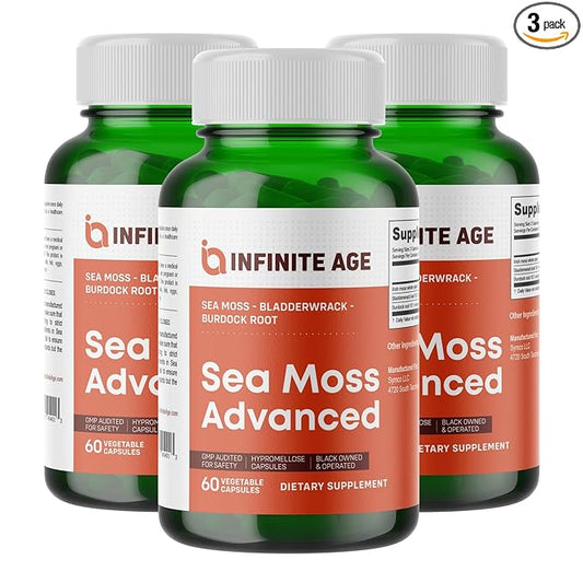 INFINITE AGE: 3 Pack, 1250mg Sea Moss Advanced Superfood, High-Potency, Vegan, Made in The USA - Irish Sea Moss, Bladderwrack, Burdock Root - Overall Health, Immunity Support, 180 Sea Moss Capsules