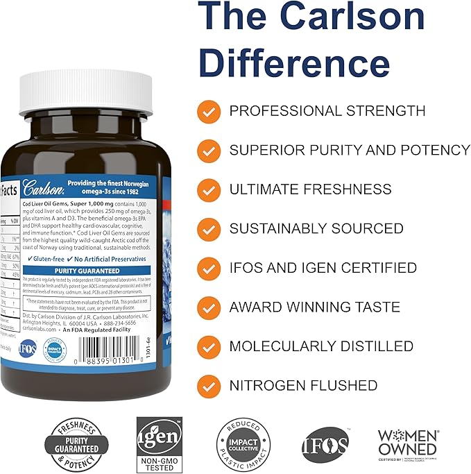Carlson - Cod Liver Oil, Super 1000 mg D3, Wild 100 Softgels