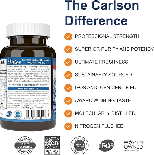 Carlson - Cod Liver Oil, Super 1000 mg D3, Wild 100 Softgels
