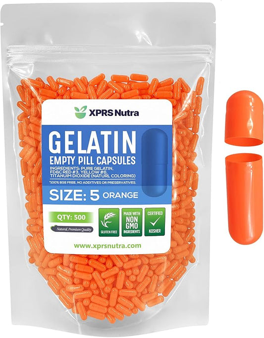 XPRS Nutra Size 5 Empty Capsules - 500 Count Very Small Empty Gelatin Capsules - Empty Pill Capsules - DIY Capsule Filling - Fillable Pill Capsules Empty Gel Caps (Orange)