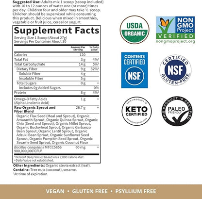 Garden of Life Fiber Supplement, Raw 30 Servings, 15 Organic Omega-3 ALA, 4g Soluble 5g Insoluble