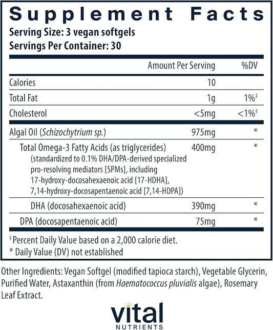 Vital Nutrients Ultra Pure® Vegan Omega SPM+ Omega-3 Supplement 90 Mini
