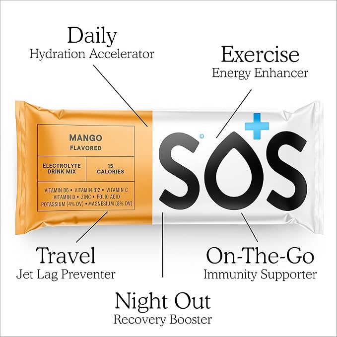 SOS Hydration Electrolyte Powder Drink Packets; Daily Hydration & Energy; Added Essential Vitamins; Low Sugar: Mango, 24 Sticks