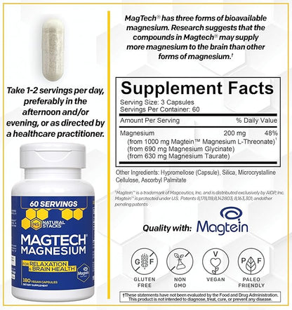 MagTech Magnesium Supplement - Chelated Magnesium Complex - 3 Forms of Magnesium: Magtein Magnesium L-Threonate, Glycinate & Taurate - Supports Relaxation & Brain Health*, 180 Magnesium Capsules