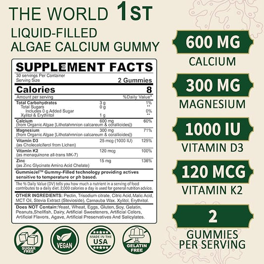 Plant Based Calcium Supplement 600mg D3 K2, K2, Zinc 2:1 Ratio, 70+ Trace 60 Counts
