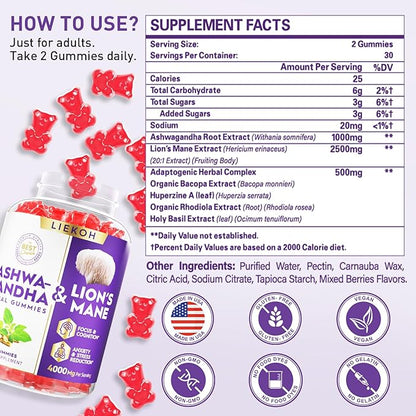 Ashwagandha & Lions Mane Gummies for Adults -Cortisol and Brain Health, 4000mg Ultra Strength Lion's Mane Mushroom Supplements for Cognitive & Immune, Berry Flavor - 180 Organic Mushroom Gummies
