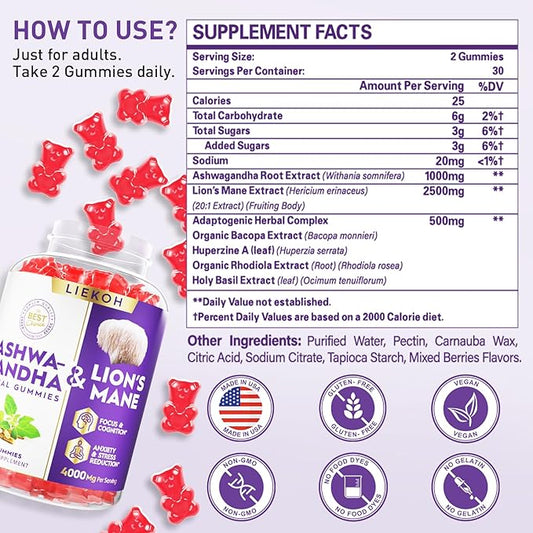 Ashwagandha & Lions Mane Gummies for Adults -Cortisol and Brain Health, 4000mg Ultra Strength Lion's Mane Mushroom Supplements for Cognitive & Immune, Berry Flavor - 180 Organic Mushroom Gummies