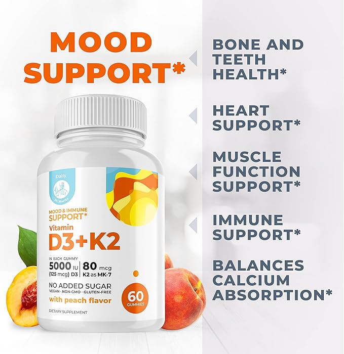 DR. MORITZ Vitamin D3 K2 Gummies 5000 IU - Sugar-Free VIT D Gummy Supplement for Immune Support & Healthy Bones * - High-Absorption, Vegan, Gluten-Free Chewable Gummies for Adults & Kids, d3 Plus k2
