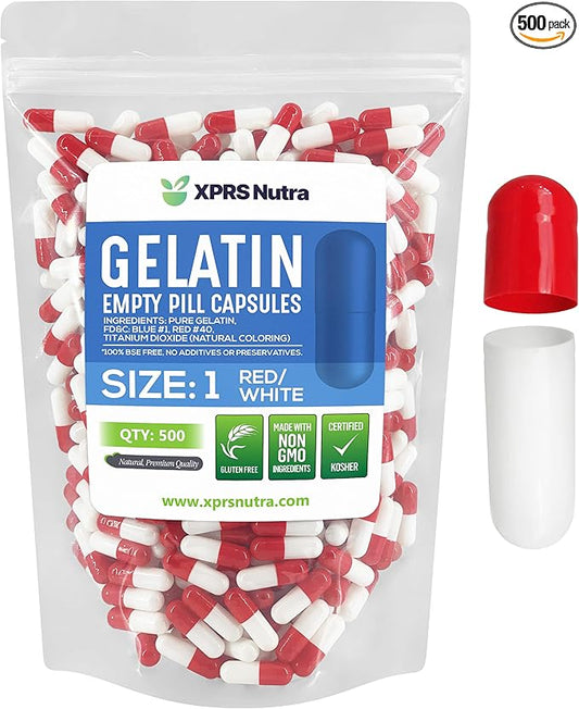 XPRS Nutra Size 1 Empty Capsules - 500 Count Empty Gelatin Capsules - Empty Pill Capsules - DIY Capsule Filling - Pure Bovine Pill Capsules Empty Gel Caps (Red/White)