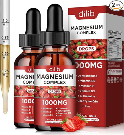Triple Magnesium Complex Supplement, Magnesium Glycinate, Blend, Citrate Liquid Drops 1000mg with Ashwagandha, CoQ10, Vitamin B6, C, D, Zinc -Support Calm Stress Relief, Bone, Muscle, Mood 2 Pack