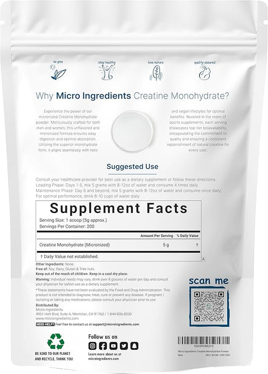 Creatine Monohydrate Powder 1 kg (2.2 Lbs), 5000mg Per Serv, Micronized Creatine Powder, Unflavored, Pure, No Filler, Keto & Vegan Friendly, Easy Dissolve Pre Workout Creatine for Women and Men