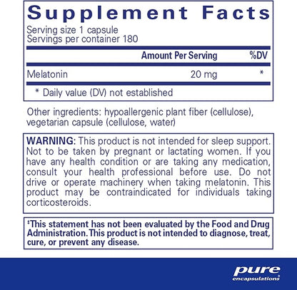 Pure Encapsulations Melatonin 20 mg 99.5% Purity 180 Capsules