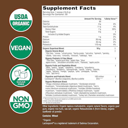 COUNTRY FARMS Organic Super Greens Chocolate Flavor, 50 Organic Super Foods, USDA Organic Drink Mix, Packed with Fiber, Fruits, Vegetables, Mushrooms & Probiotics, Supports Energy, 7g Fiber