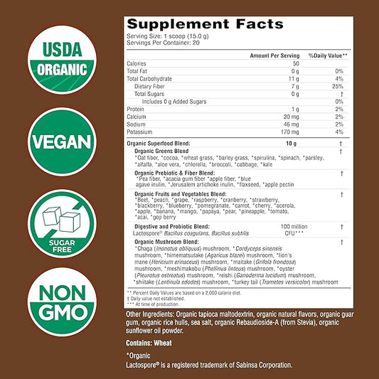 COUNTRY FARMS Organic Super Greens Chocolate Flavor, 50 Organic Super Foods, USDA Organic Drink Mix, Packed with Fiber, Fruits, Vegetables, Mushrooms & Probiotics, Supports Energy, 7g Fiber
