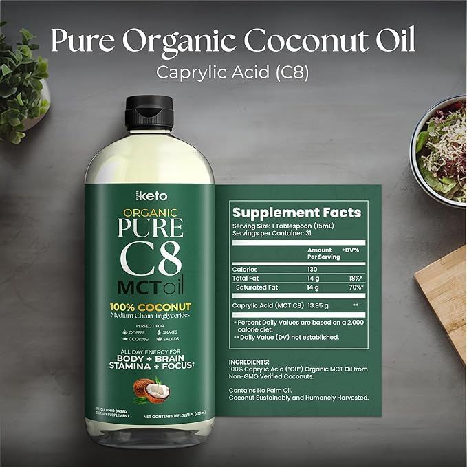 Keppi Keto Organic MCT Oil - Flavorless C8, Non-GMO, Certified Gluten-Free, Palm Oil Free, Vegan, Kosher, Halal, 16 oz Coconut Oil