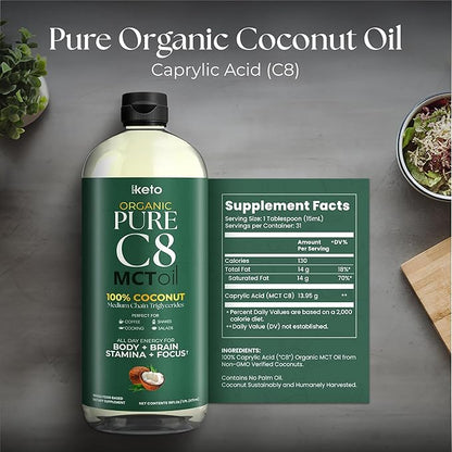 Keppi Keto Organic MCT Oil - Flavorless C8, Non-GMO, Certified Gluten-Free, Palm Oil Free, Vegan, Kosher, Halal, 16 oz Coconut Oil