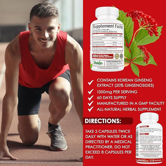Korean Red Panax Ginseng Extract 1300MG 20% Ginsenosides. 120 Caps.