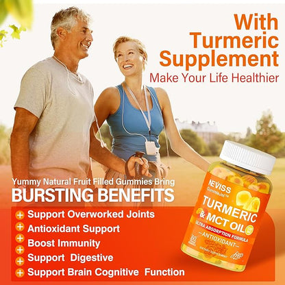 Turmeric Gummies 1000mg w/MCT Oil C8 C10, Organic Antioxidant, Sugar Free Turmeric Curcumin Supplement + Black Pepper Extract Support Flexible & Comfort, Digestion, Energy, Ultra Absorption, 60 Counts