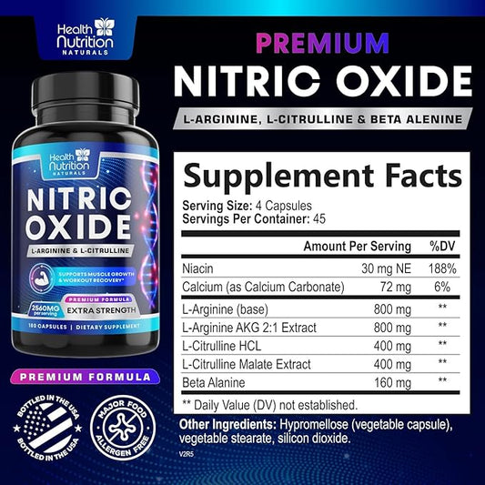 Extra Strength Nitric Oxide Supplement L Arginine 3X Strength - Citrulline Malate, AAKG, Beta Alanine - Premium Muscle Supporting Nitric Booster for Energy & Strength to Train Harder - 180 Capsules
