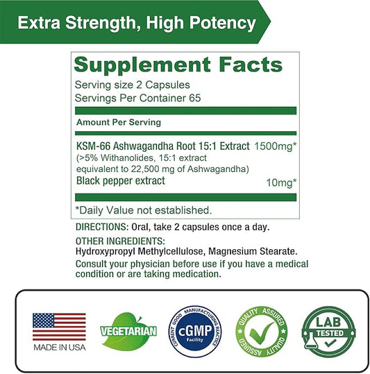 Lovita KSM-66 Ashwagandha | Highly Concentrated 22,500mg Equivalent | 5% Withanolide | 95% Black Pepper Piperine | Stress Relief & Energy Support | Vegan, Gluten Free | 130 Capsules