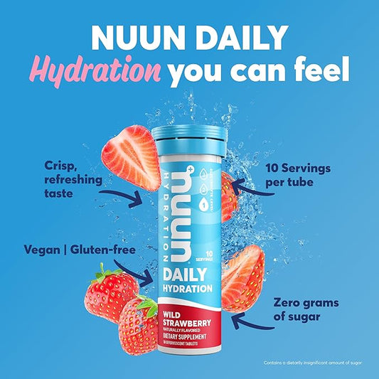 Nuun Hydration Daily, Wellness Electrolyte Tablets, Wild Strawberry, No Sugar, 5 Essential Electrolytes for Hydration, Vegan, Gluten Free, 8 Pack (80 Servings)