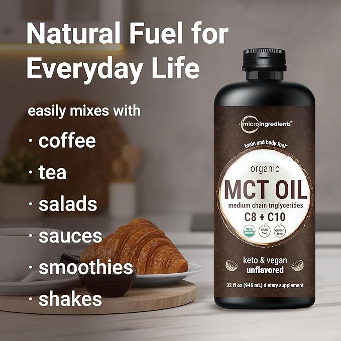 Micro Ingredients Organic MCT Oil, 32 fl oz | C8 + C10 Fatty Acids from Coconuts | Natural Fuel for Brain Energy & Ketone Production | Great for Coffee or Dressings | Unflavored, Keto, Vegan